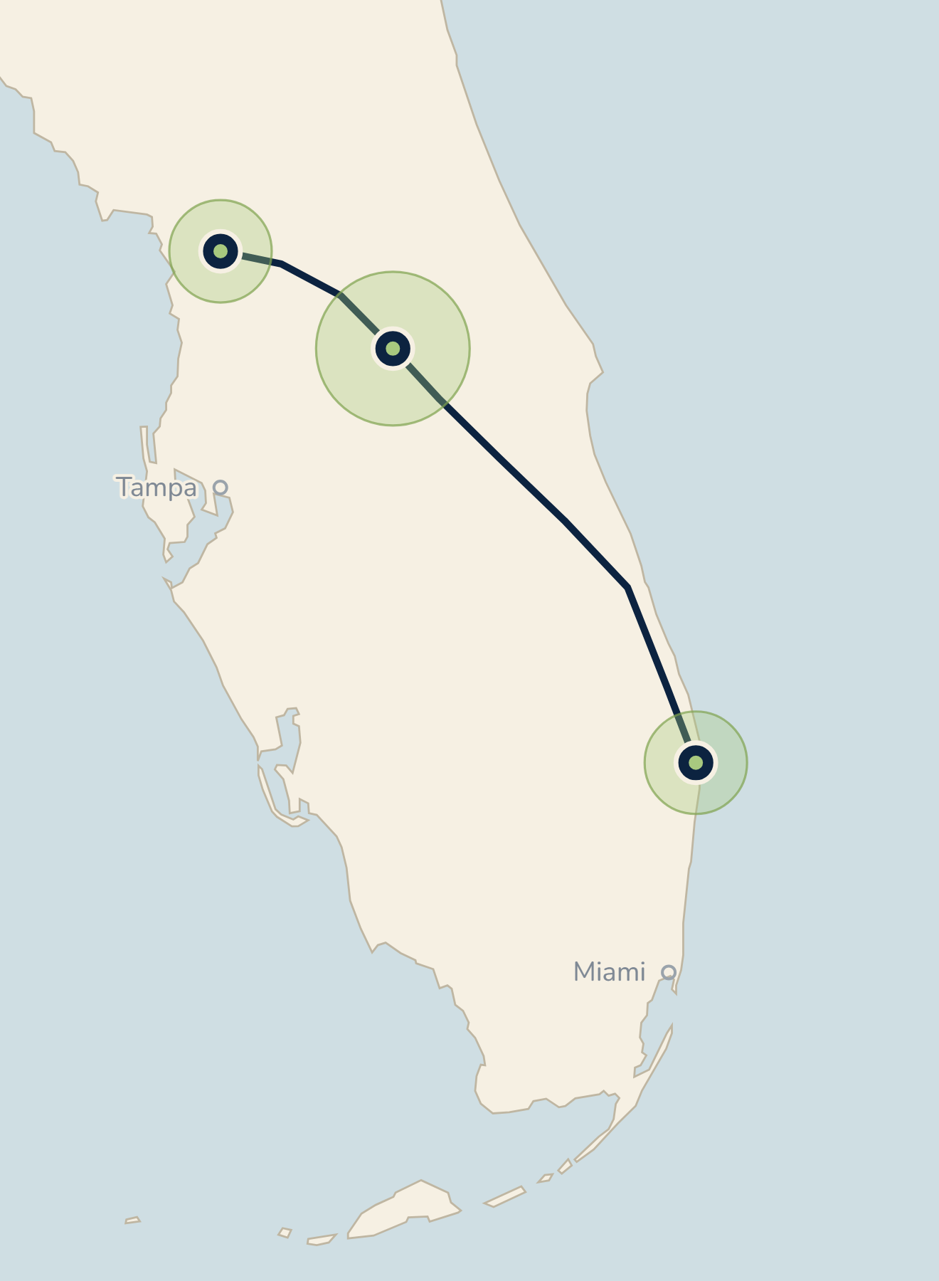 Map of Florida showing Oak Avenue's three regions